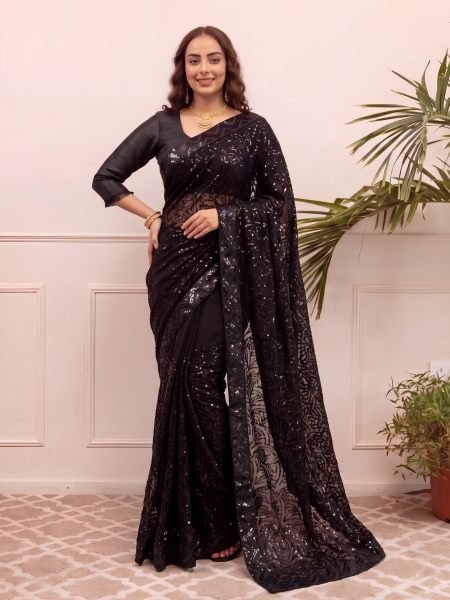 Modern Black Georgette Saree with Embroidered Sequins Work and Designer Blouse 