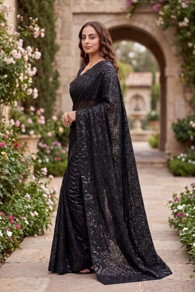 Modern Black Georgette Saree with Embroidered Sequins Work and Designer Blouse Bollywood Fancy Sarees Wholesale