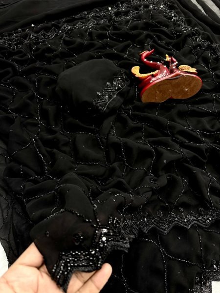 Modern Black Georgette Saree with Beads And Sequence Embroidery Work At Wholesale Rate Embroidery Sarees Wholesale
