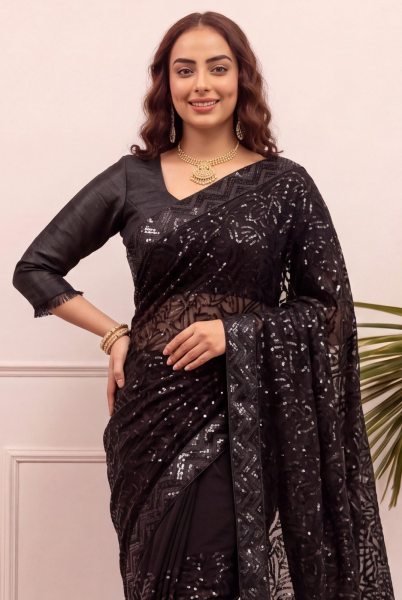 Modern Black Georgette Saree with Embroidered Sequins Work and Designer Blouse Bollywood Fancy Sarees Wholesale