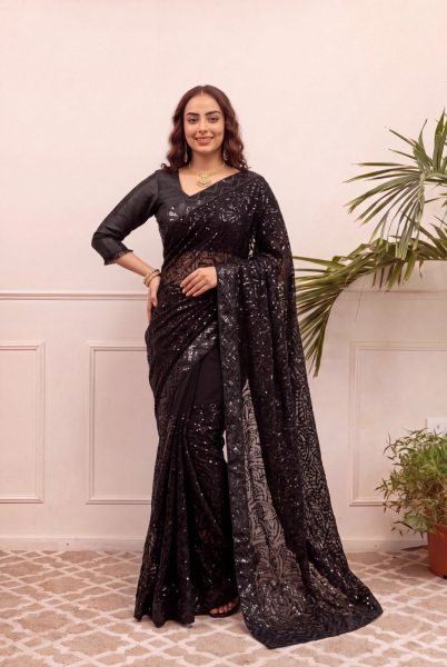 Modern Black Georgette Saree with Embroidered Sequins Work and Designer Blouse Bollywood Fancy Sarees Wholesale