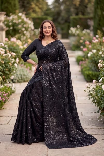 Modern Black Georgette Saree with Embroidered Sequins Work and Designer Blouse Bollywood Fancy Sarees Wholesale