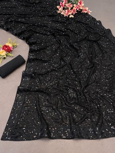 Modern Black Georgette Saree with Embroidered Sequins Work and Designer Blouse Bollywood Fancy Sarees Wholesale