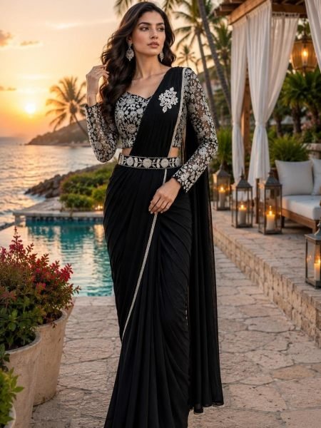 Modern Black Lycra Saree with Heavy Beads Work Designer Blouse For Party 