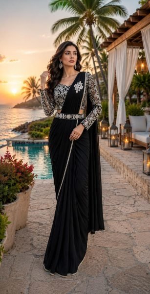 Modern Black Lycra Saree with Heavy Beads Work Designer Blouse For Party Ready To Wear Saree 