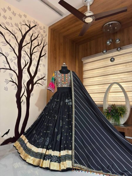 Modern Black Muslin Cotton Navratri Lehenga Choli with Real Mirror Work at Manufacturer  Navratri Lehnega Choli