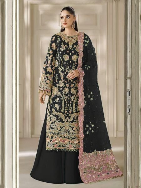Modern Black Semi Stitched Heavy Chiffon Suit with Sequence and Khatli Work 