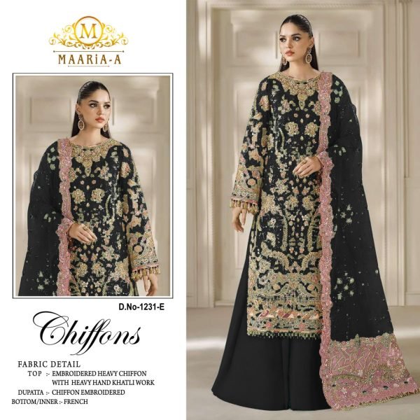 Modern Black Semi Stitched Heavy Chiffon Suit with Sequence and Khatli Work Pakistani Suits Wholesale