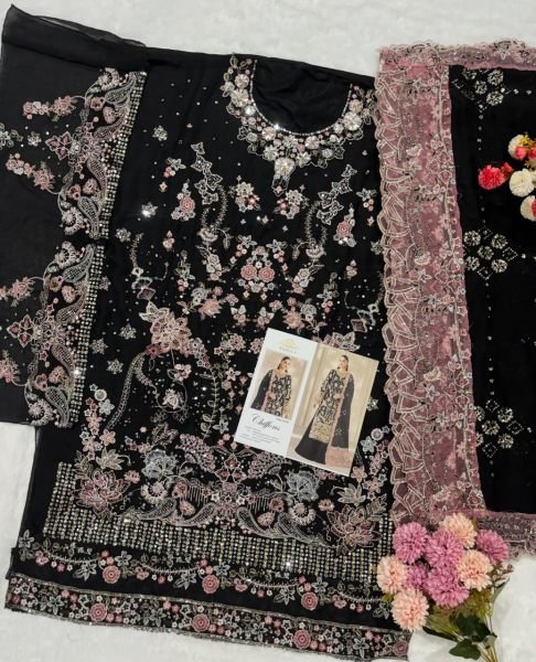 Modern Black Semi Stitched Heavy Chiffon Suit with Sequence and Khatli Work Pakistani Suits Wholesale