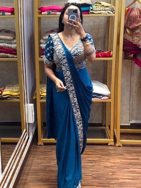 Modern Blue Chinon Ready Saree with Semi Beads Work for Women Ready To Wear Saree 