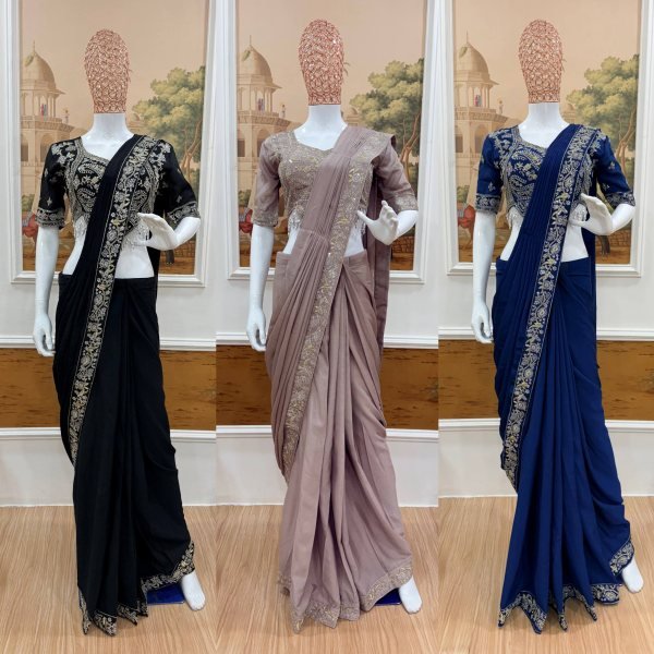 Modern Blue Chinon Ready Saree with Semi Beads Work for Women Ready To Wear Saree 