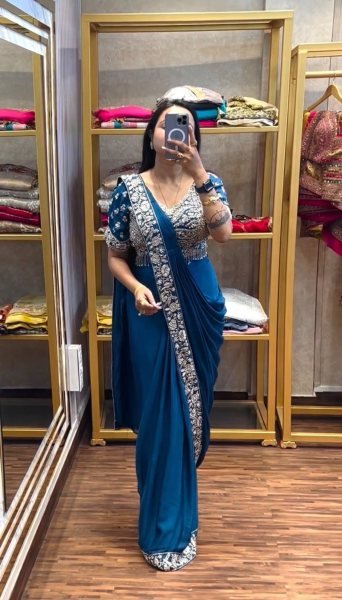 Modern Blue Chinon Ready Saree with Semi Beads Work for Women Ready To Wear Saree 