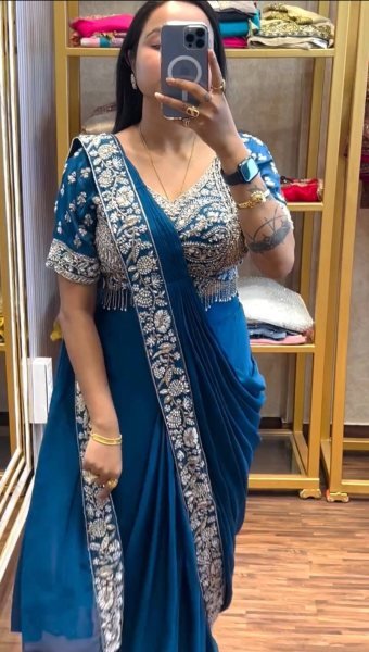 Modern Blue Chinon Ready Saree with Semi Beads Work for Women Ready To Wear Saree 