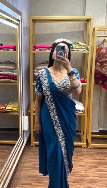 Modern Blue Chinon Ready Saree with Semi Beads Work for Women Ready To Wear Saree 