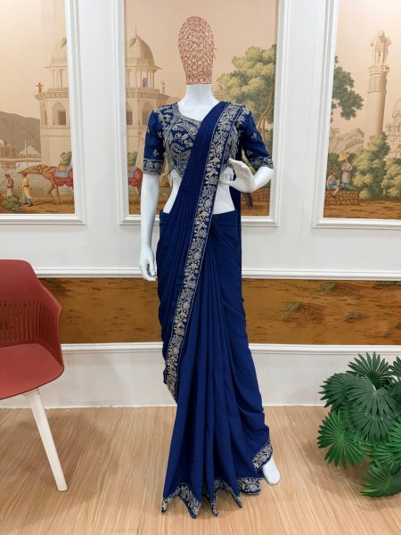 Modern Blue Chinon Ready Saree with Semi Beads Work for Women Ready To Wear Saree 