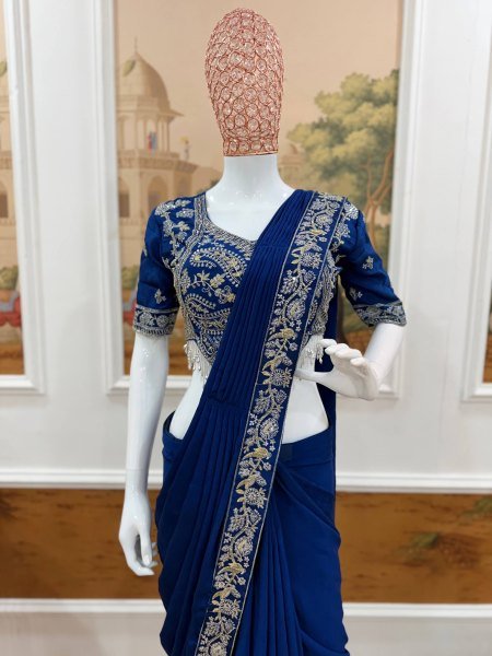 Modern Blue Chinon Ready Saree with Semi Beads Work for Women Ready To Wear Saree 