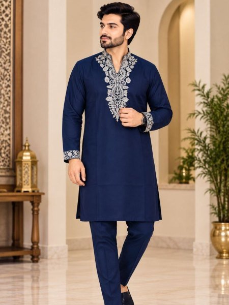 Modern Blue Lachka Kurta Pant Set with Heavy Gold Embroidery at Wholesale 