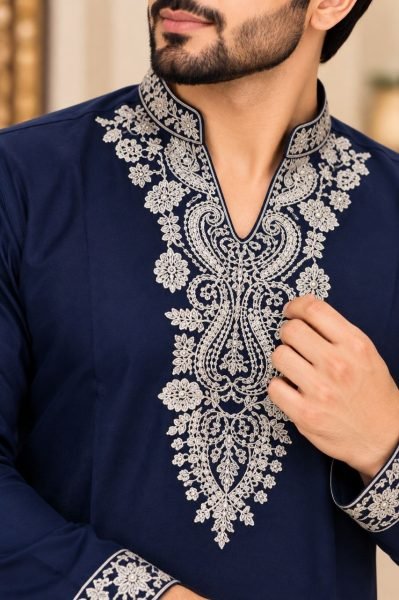 Modern Blue Lachka Kurta Pant Set with Heavy Gold Embroidery at Wholesale Kurta Pajama Wholesale