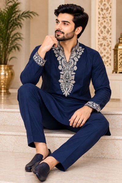 Modern Blue Lachka Kurta Pant Set with Heavy Gold Embroidery at Wholesale Kurta Pajama Wholesale