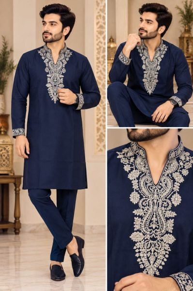 Modern Blue Lachka Kurta Pant Set with Heavy Gold Embroidery at Wholesale Kurta Pajama Wholesale