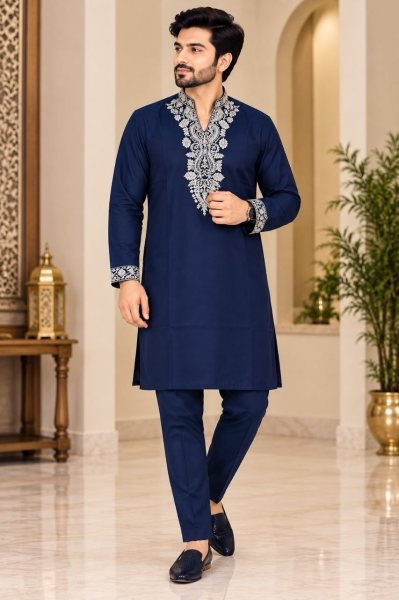 Modern Blue Lachka Kurta Pant Set with Heavy Gold Embroidery at Wholesale Kurta Pajama Wholesale
