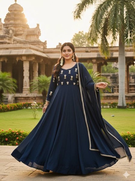 Modern Blue Vichitra Silk Anarkali Gown with Heavy Yoke Design and Vichitra Dupatta Kurtis