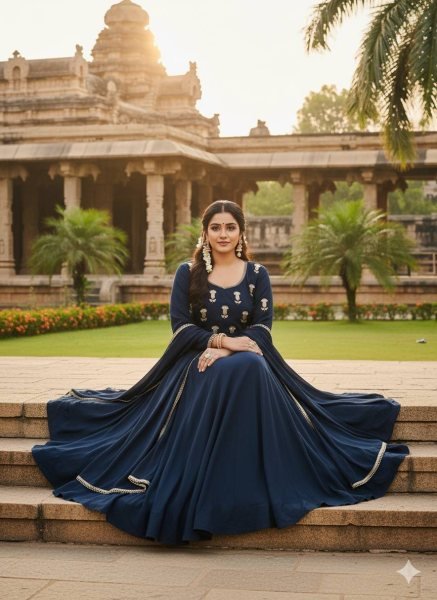 Modern Blue Vichitra Silk Anarkali Gown with Heavy Yoke Design and Vichitra Dupatta Anarkali Kurtis 