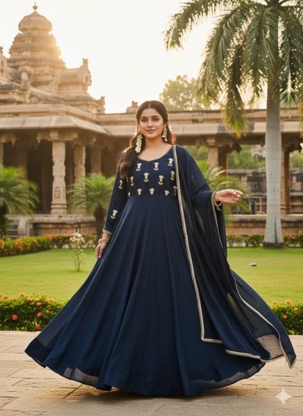 Modern Blue Vichitra Silk Anarkali Gown with Heavy Yoke Design and Vichitra Dupatta Anarkali Kurtis 
