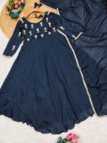 Modern Blue Vichitra Silk Anarkali Gown with Heavy Yoke Design and Vichitra Dupatta Anarkali Kurtis 