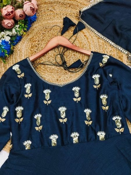 Modern Blue Vichitra Silk Anarkali Gown with Heavy Yoke Design and Vichitra Dupatta Anarkali Kurtis 