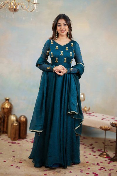 Modern Blue Vichitra Silk Anarkali Gown with Heavy Yoke Design and Vichitra Dupatta Anarkali Kurtis 