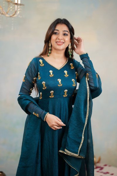 Modern Blue Vichitra Silk Anarkali Gown with Heavy Yoke Design and Vichitra Dupatta Anarkali Kurtis 