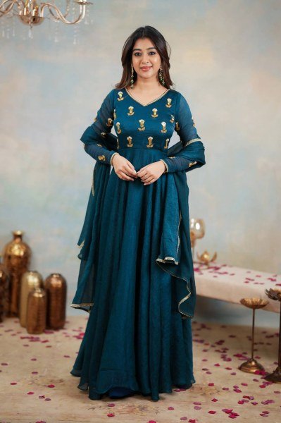 Modern Blue Vichitra Silk Anarkali Gown with Heavy Yoke Design and Vichitra Dupatta Anarkali Kurtis 