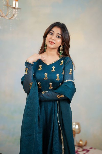 Modern Blue Vichitra Silk Anarkali Gown with Heavy Yoke Design and Vichitra Dupatta Anarkali Kurtis 