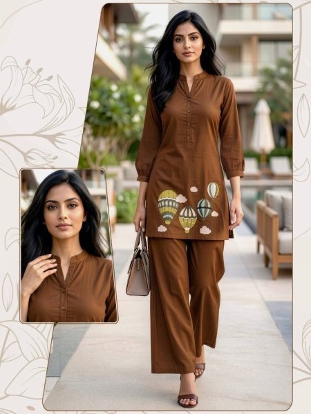 Modern Brown Dabbu Cotton Top With Plazzo Fashion Collection Kurtis