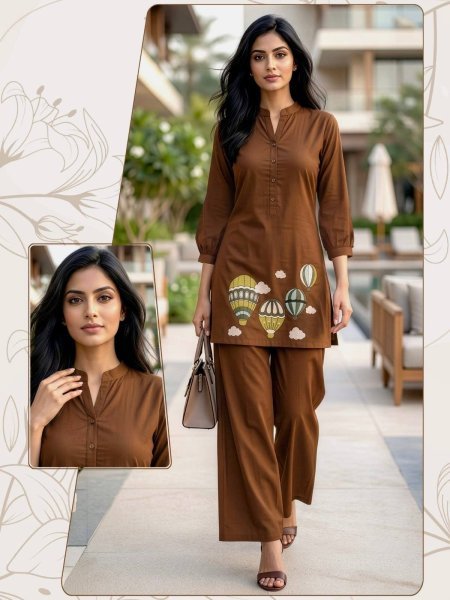 Modern Brown Dabbu Cotton Top With Plazzo Fashion Collection CO ORD Sets