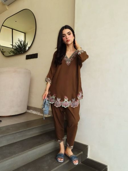 Modern Brown French Crepe Embroidered Co Ord Set with Fully Stitched Palazzo at Manufacturer  Kurtis