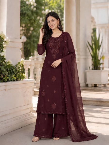 Modern Brown Party Wear Fox Georgette Top Plazzo with Embroidery and Sequins 
