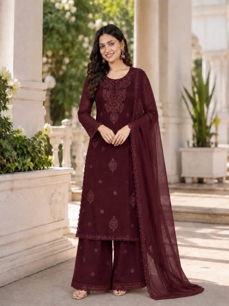 Modern Brown Party Wear Fox Georgette Top Plazzo with Embroidery and Sequins Ready To Wear Collection