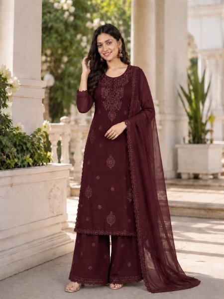 Modern Brown Party Wear Fox Georgette Top Plazzo with Embroidery and Sequins Ready To Wear Collection
