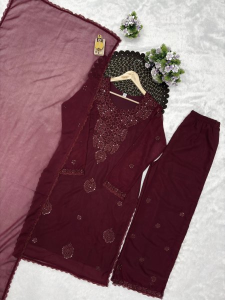 Modern Brown Party Wear Fox Georgette Top Plazzo with Embroidery and Sequins Ready To Wear Collection