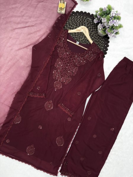 Modern Brown Party Wear Fox Georgette Top Plazzo with Embroidery and Sequins Ready To Wear Collection