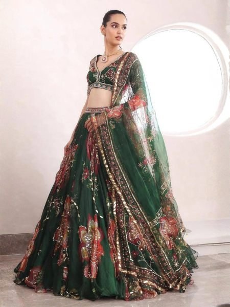 Modern Dark Green Star Georgette Lehenga with Digital Print and Sequin Work for Festival 