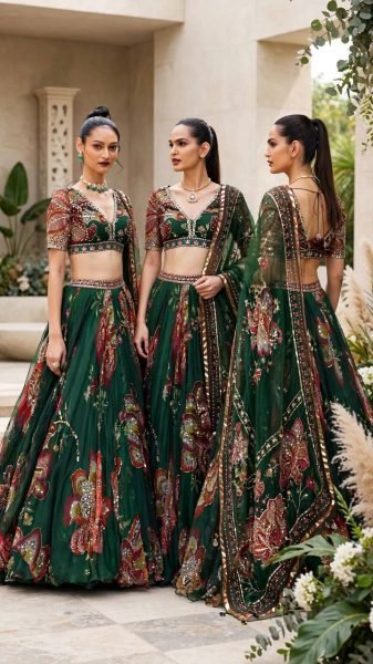 Modern Dark Green Star Georgette Lehenga with Digital Print and Sequin Work for Festival Designer Lehenga Choli