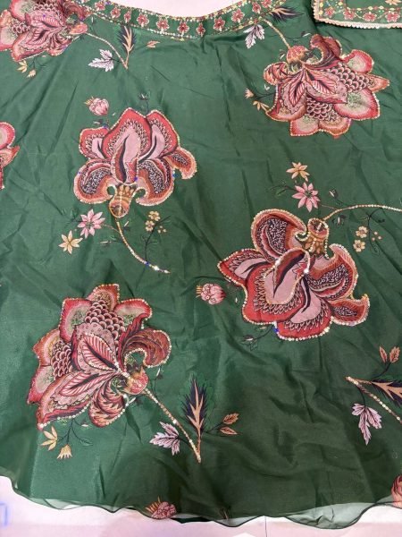 Modern Dark Green Star Georgette Lehenga with Digital Print and Sequin Work for Festival Designer Lehenga Choli