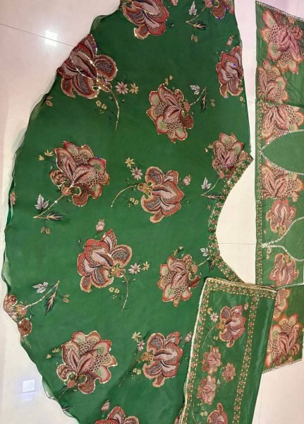Modern Dark Green Star Georgette Lehenga with Digital Print and Sequin Work for Festival Designer Lehenga Choli