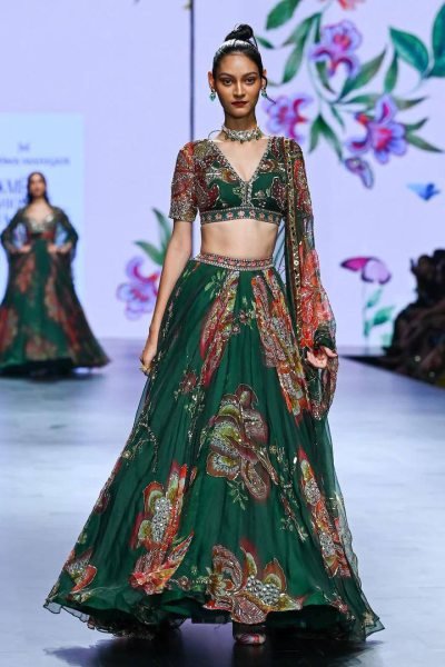 Modern Dark Green Star Georgette Lehenga with Digital Print and Sequin Work for Festival Designer Lehenga Choli