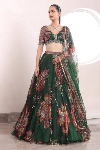 Modern Dark Green Star Georgette Lehenga with Digital Print and Sequin Work for Festival Designer Lehenga Choli