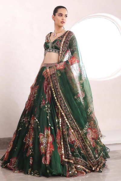 Modern Dark Green Star Georgette Lehenga with Digital Print and Sequin Work for Festival Designer Lehenga Choli