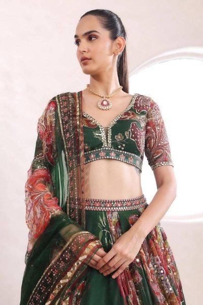 Modern Dark Green Star Georgette Lehenga with Digital Print and Sequin Work for Festival Designer Lehenga Choli